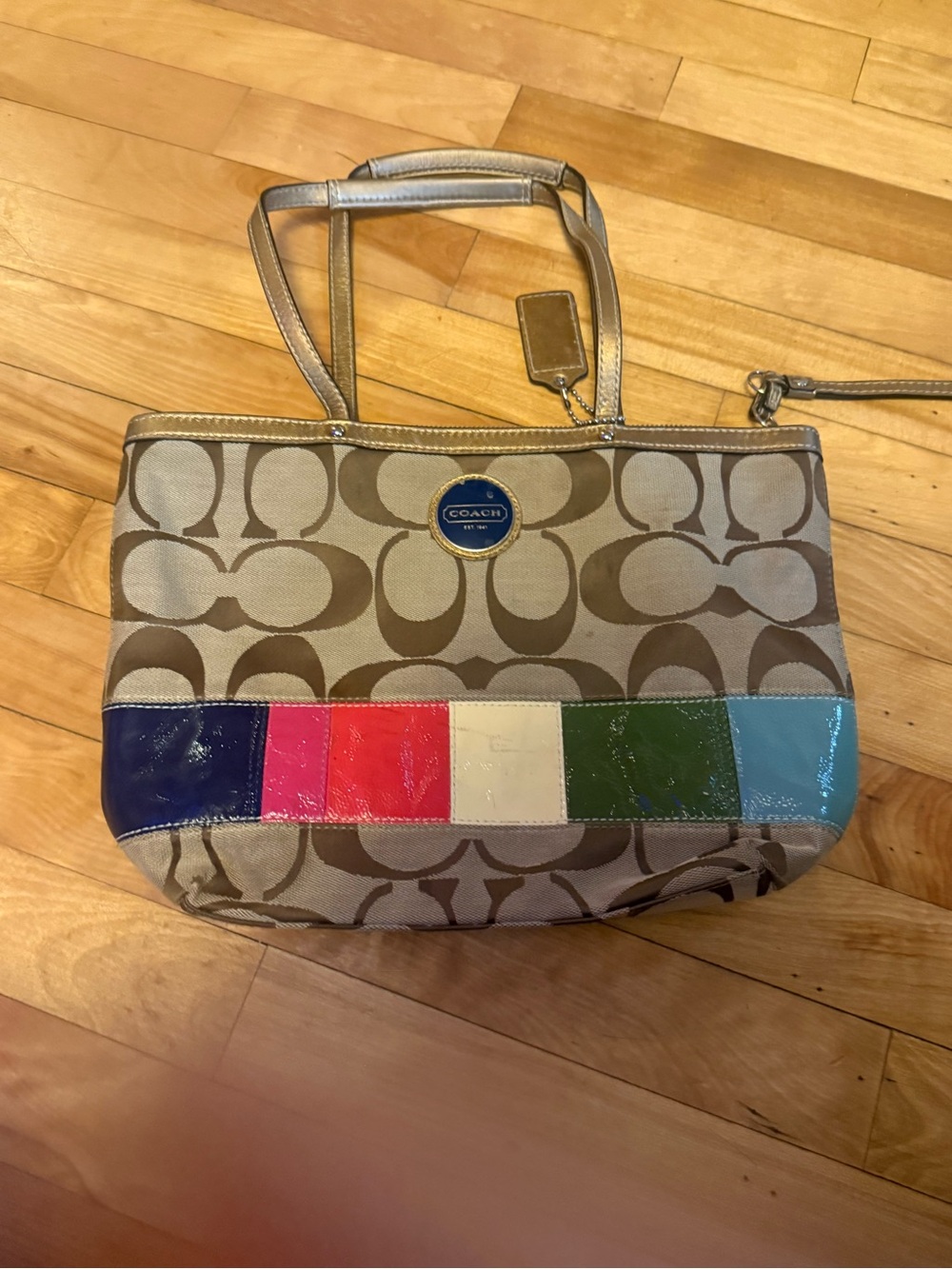 Coach Beige Signature Tote with Multicolor Patent Stripe